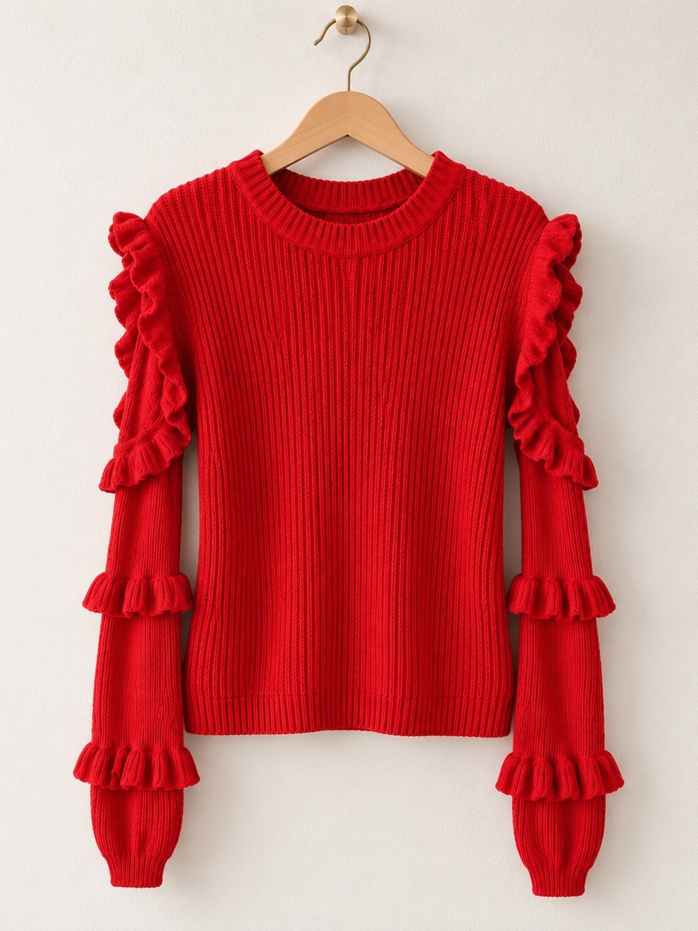 Express Red Ruffled Cold-Shoulder Cable Knit Sweater Size XS - Picture 4 of 4